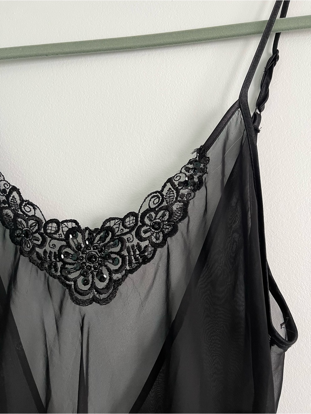90s Vintage Frederick's of Hollywood Black Sheer Beaded Lace-Front Chemise